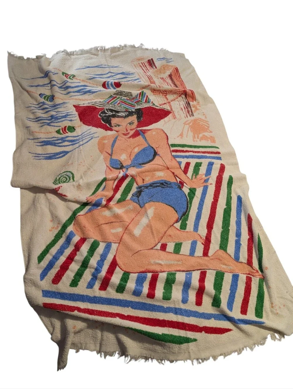 Vintage Terry Originals Beach Towel Pin Up Girl Retro Swimsuit Graphic USA Made
